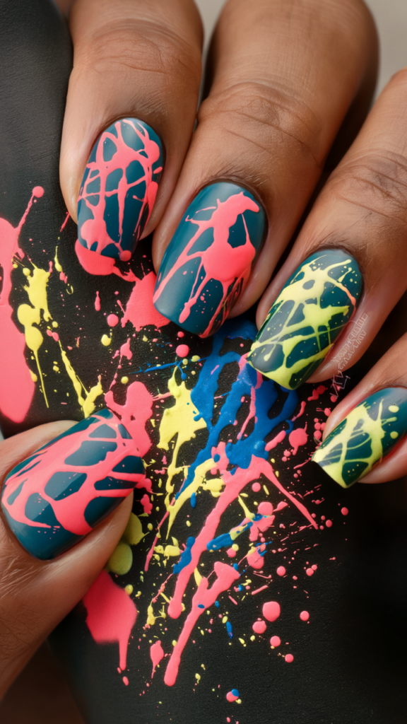 Image of nails featuring a matte black base splattered with vibrant neon colors, including hot pink, electric blue, and lime green. The paint splatters are random and slightly overlapping, mimicking the chaotic and creative energy of street graffiti. Each nail has a unique pattern, showcasing the spontaneity and raw artistry associated with urban street art. The vibrant colors contrast sharply against the dark base, creating a striking and edgy look that embodies the essence of graffiti culture.