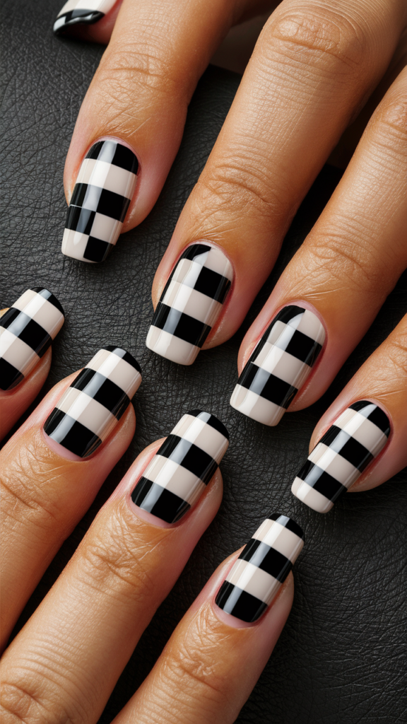 Image of nails designed with a classic black-and-white checkerboard pattern, a nod to skater culture. The squares are evenly aligned and extend seamlessly across all nails, creating a cohesive and bold look. The glossy finish enhances the clean, sharp lines of the pattern, highlighting the precision and simplicity of the design. This iconic motif, deeply rooted in the rebellious spirit of the skating community, is presented with a modern, polished twist, making it a timeless street style statement.