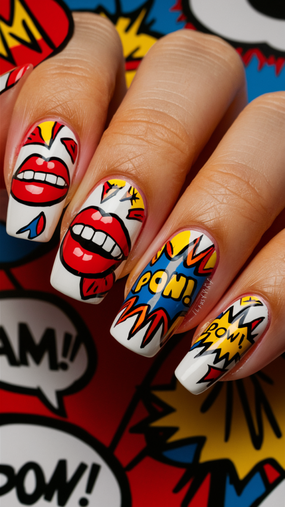 Image of nails with a white base featuring pop art-inspired designs such as cartoon lips, speech bubbles, and comic-style explosions. The colors are bright and vibrant, with bold black outlines that define each element, capturing the playful and energetic spirit of pop art. The designs are scattered across the nails, creating a lively and dynamic composition. This nail art celebrates the influence of pop culture in street style, offering a fun and expressive way to showcase personality through bold, graphic imagery.