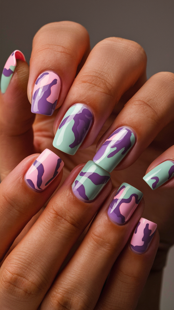 Image of nails with an unconventional camo pattern in pastel colors like pink, lavender, and mint green. The camo shapes are abstract and layered, creating a soft, feminine take on the traditional camouflage print. The pastel colors blend seamlessly across the nails, offering a chic and modern interpretation of a classic military motif. This design captures the juxtaposition of toughness and elegance in street style, making it a perfect choice for those who want to stand out with a unique yet subtle look.