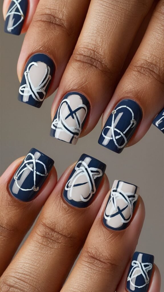 Navy blue nails with intricate white rope knot designs, featuring a slightly raised texture that mimics the look of real rope. The knots are detailed and realistic, with a glossy finish that enhances the classic and elegant nautical theme. This design is perfect for those who love maritime-inspired fashion.