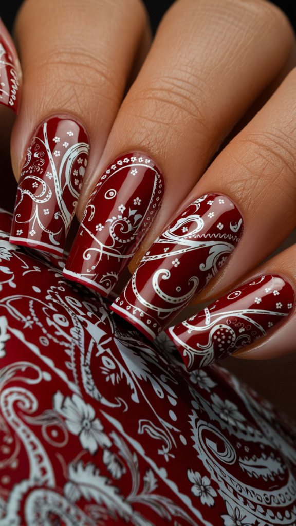 Image of nails with a deep red base, overlaid with intricate white paisley patterns reminiscent of classic bandanas. The design is highly detailed, with swirling motifs and small floral elements that create a symmetrical and cohesive look across all nails. The glossy finish enhances the contrast between the bold red background and the delicate white patterns. This nail art pays homage to the cultural significance of bandanas in streetwear, combining traditional motifs with a polished, modern presentation.