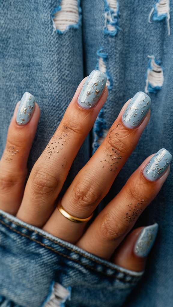 Image of nails that mimic the look of distressed denim. The base color is a faded blue, with lighter patches and tiny “rips” that create a textured, worn appearance. The design captures the rugged, laid-back vibe of streetwear, with each nail showcasing a unique pattern that resembles the natural wear and tear of denim fabric. This design offers a stylish, casual look that is perfect for those who appreciate the authenticity and character of distressed fashion.