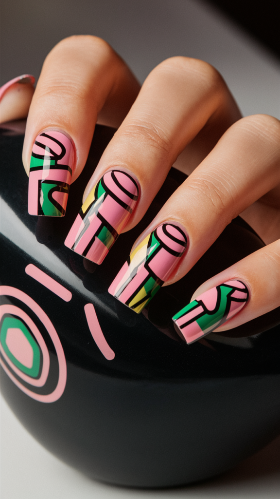 Image of nails with a deep purple base, covered in abstract geometric shapes in neon colors like pink, green, and yellow. The shapes include triangles, squares, and lines, overlapping and intersecting to create a dynamic, graffiti-like design. The neon colors glow against the dark background, giving the nails a vibrant, fluorescent effect. This nail art captures the fusion of modern geometry and urban street art, offering a bold and contemporary look that stands out.