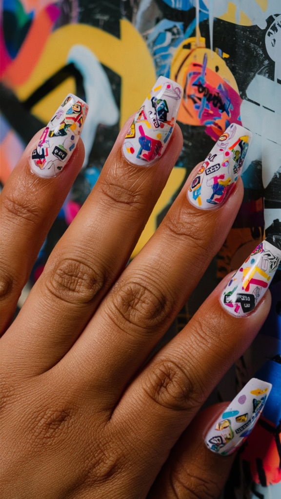 Image of nails with a white base, covered in a collage of tiny stickers and patches that mimic a street art wall. The stickers include various motifs like lips, eyes, graffiti tags, and brand logos, layered chaotically yet cohesively across the nails. The bright colors and diverse designs create a lively and dynamic composition, capturing the eclectic and rebellious spirit of street art. This nail art is a playful and creative representation of urban culture, making each nail a unique work of art.