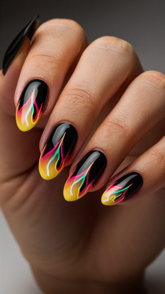 Image of nails with a matte black base, featuring neon flames in bright colors like yellow, orange, and green. The flames are sharp and pointed, starting from the tips and flowing towards the cuticles, creating a striking contrast against the dark background. The neon colors glow vividly, giving the flames a dynamic, almost three-dimensional effect. This nail art is bold and fiery, capturing the intense energy of street style with a modern, electrifying twist.