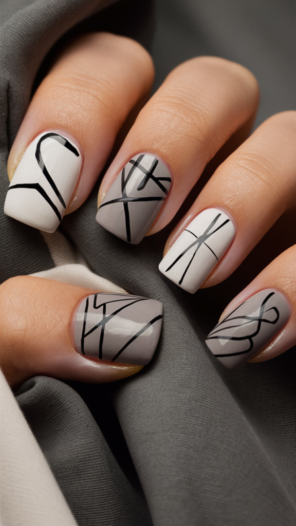 Image of nails with a matte gray base featuring simple black line art. The designs are minimalist, with small geometric shapes or abstract lines that are clean and precise. Each nail offers a different variation of the minimalist design, maintaining a cohesive and understated street style. The matte finish adds a soft texture to the overall look, enhancing the simplicity and elegance of the design. This nail art is perfect for those who appreciate the power of minimalism in making a subtle yet impactful statement.