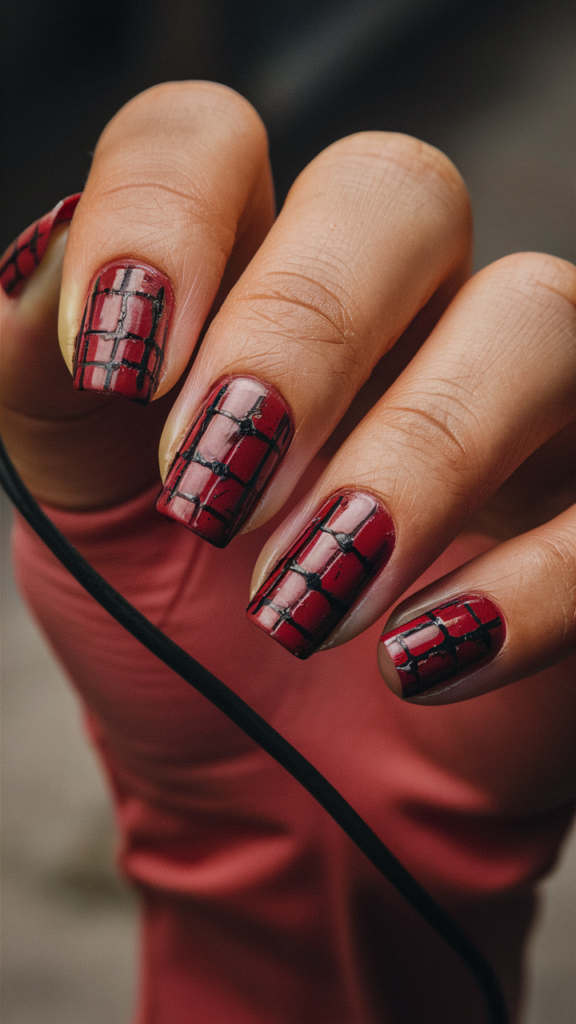 Image of nails designed to look like a gritty urban brick wall. The base color is a deep red, with small, rectangular shapes representing bricks. The lines between the bricks are slightly darker, creating a textured and realistic appearance. Some areas of the nails feature tiny cracks or chips, mimicking the worn and weathered look of an old brick wall. This nail art captures the rugged, urban aesthetic of street style, offering a bold and textured design that is full of character and grit.