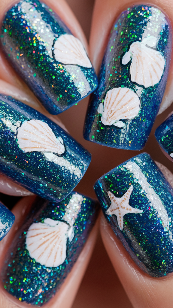 Glittery blue nails adorned with tiny, hand-painted seashells and starfish. The fine glitter shimmers like the surface of the ocean, and the seashells appear almost as if they were picked up from the shore. The nails have a glossy finish, enhancing the sparkle and the intricate details of the beachy elements. This design captures the shimmering beauty of the seaside.