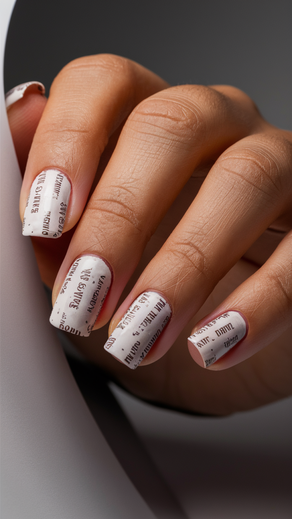 Image of nails with a matte white base featuring designs that look like ripped posters or stickers. The rips reveal layers of various colors and patterns underneath, creating a rugged, urban feel. The torn edges are jagged and irregular, with darker shading to add depth and realism to the design. Some nails feature small graffiti tags or newspaper clippings, enhancing the collage-like effect. This nail art captures the gritty, layered aesthetic of city walls covered in torn posters, offering a bold and creative design that is full of street-inspired energy and texture.