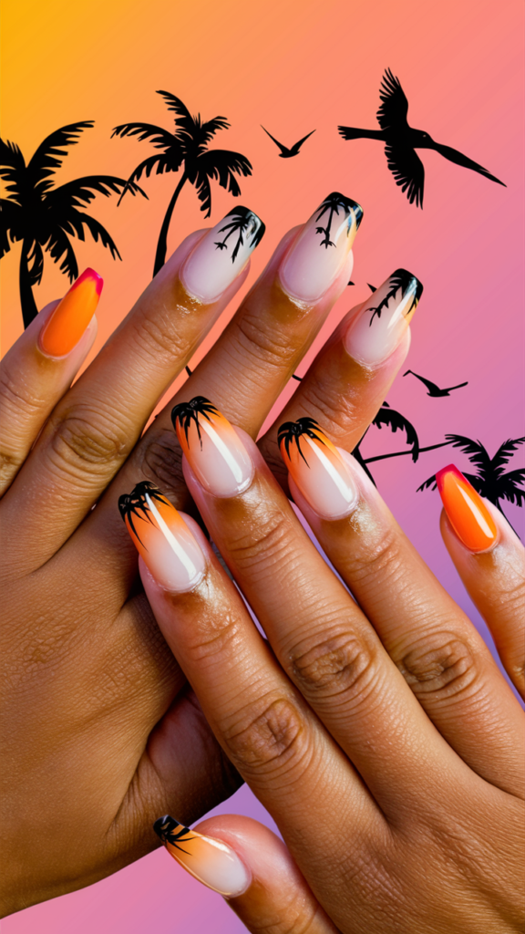 Nails showcasing a smooth ombre transition from vibrant orange at the tips to soft pink at the base, resembling a tropical sunset. Black silhouettes of palm trees and birds are delicately painted on accent nails, creating a serene, evening beach scene. The design is complemented by a glossy finish, which enhances the vivid sunset colors and sharp contrast of the silhouettes. The nails evoke a tranquil, tropical evening vibe perfect for a summer getaway.