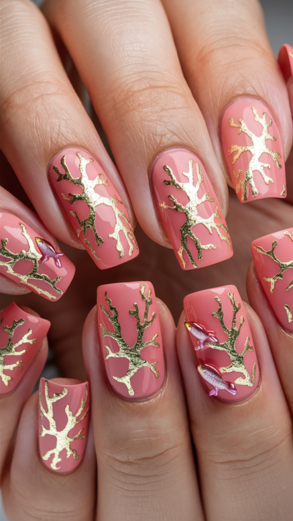 Coral pink nails adorned with intricately detailed gold and white coral branch patterns, with a slightly raised texture. Tiny, shimmering fish swim among the coral on a few nails, adding depth and vibrancy to the design. The nails have a glossy finish, enhancing the rich coral colors and the intricate underwater scene. This design captures the beauty and complexity of a vibrant coral reef.