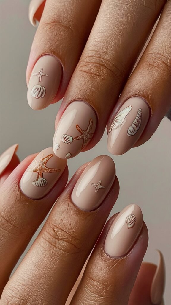 Clear jelly nails with tiny, embedded starfish, seashells, and pebbles, creating a realistic tidal pool effect. The elements appear to be floating within the clear polish, with a glossy, wet look that enhances the depth and detail of the design. This look captures the beauty and mystery of tidal pools, perfect for a unique and creative beach-inspired style.