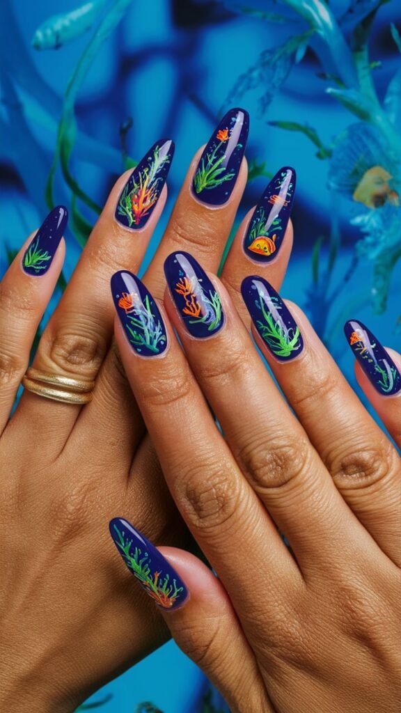 Deep blue nails with hand-painted coral reefs, colorful fish, and seaweed, creating a vibrant underwater scene. The intricate details of the marine life are complemented by a jelly-like finish that gives the nails a wet, watery look. The overall design is dynamic and lively, making the nails appear as if they are part of a real aquarium. This look is perfect for those who love the mysteries of the ocean.