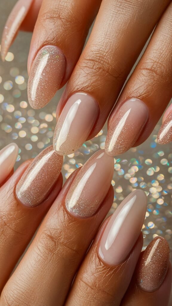 Soft nude or pale pink nails with glittery tips that mimic the sparkling sand at the beach. The fine glitter creates a subtle gradient effect that makes the tips shimmer in the light. The nails have a glossy finish that enhances the natural, understated elegance of the design, perfect for a subtle yet sparkling beachy