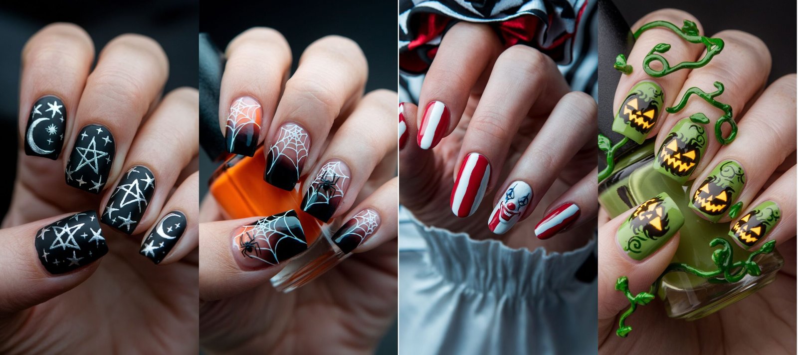 Four different Halloween-themed nail designs. The first design features matte black nails with silver crescent moons, stars, and pentagrams for a mystical look. The second design showcases a gradient from black to orange, adorned with white spider webs and small black spiders. The third design highlights bold red and white striped nails with a creepy clown face on an accent nail. The fourth design displays green nails with glowing jack-o'-lantern faces, accompanied by green vines and leaves for a festive, spooky vibe