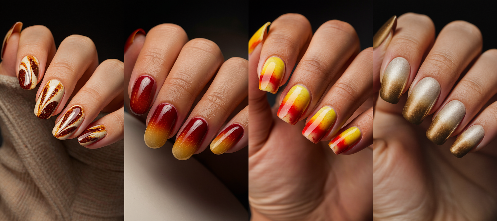 his image features a collage of four fall-inspired nail designs, each showcasing different warm and autumnal color schemes. The first design includes cream-colored nails with rich maroon and gold accents, creating a marbled, almost leaf-like pattern. The second design displays a smooth gradient from deep red to golden yellow, evoking the look of a fall sunset. The third design is a vibrant mix of yellow and red, blending together in a bold, fiery ombre. The final design features a sophisticated gradient from warm gold to soft champagne, offering a luxurious metallic finish perfect for the season.