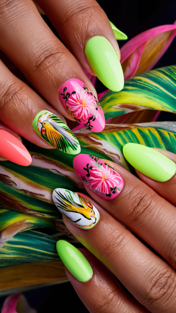 Vivid nails painted in neon shades of pink, green, and yellow, each featuring intricate hand-painted hibiscus flowers, palm leaves, and exotic birds. The vibrant colors pop against the detailed tropical patterns, creating a lively and dynamic design. The nails have a glossy finish that highlights the sharp details of the flowers and leaves, evoking the lush and vibrant energy of a tropical paradise.