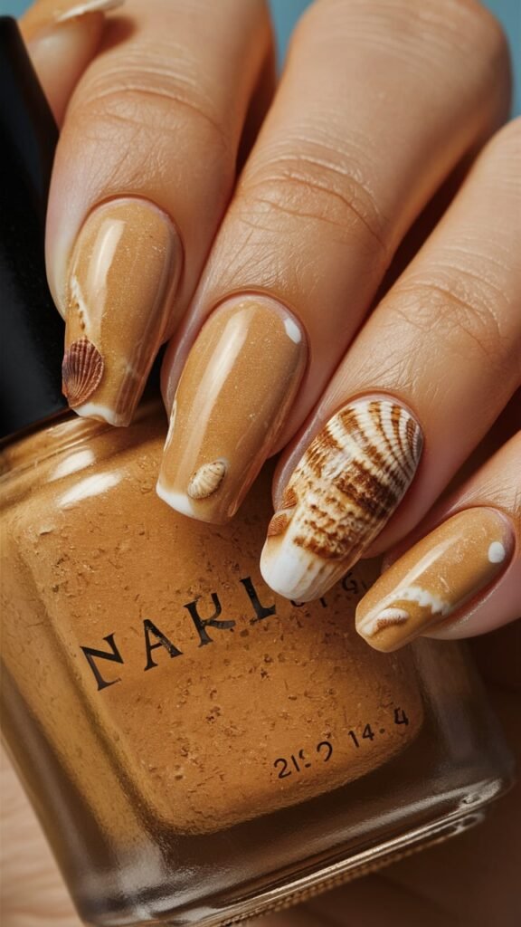 A set of nails with a textured, sandy beige base that mimics the look and feel of real beach sand. Tiny seashells and pebbles are embedded into the design, creating a realistic and tactile beach scene. The nails have a smooth finish despite the textured appearance, making them both stylish and comfortable to wear. This design captures the essence of a day at the beach.