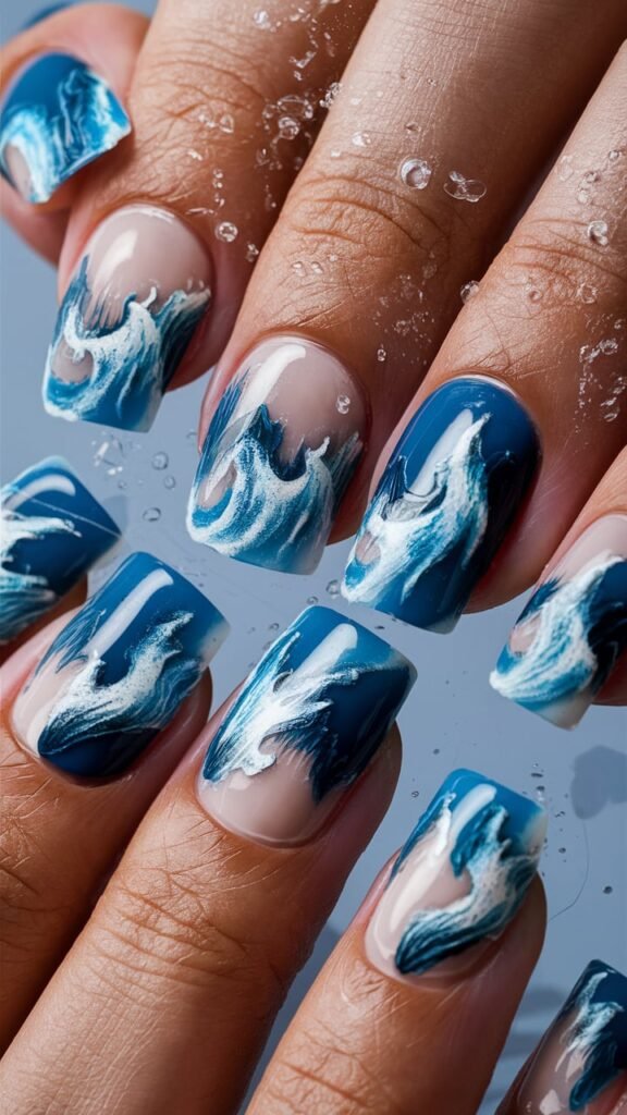 Nails featuring dynamic wave designs in shades of blue and white, with detailed motion that makes the waves appear to crash off the nails. The design is complemented by a glossy, clear top coat that adds a watery effect, enhancing the realism and energy of the waves. This design captures the power and beauty of the ocean in a striking and dynamic way.