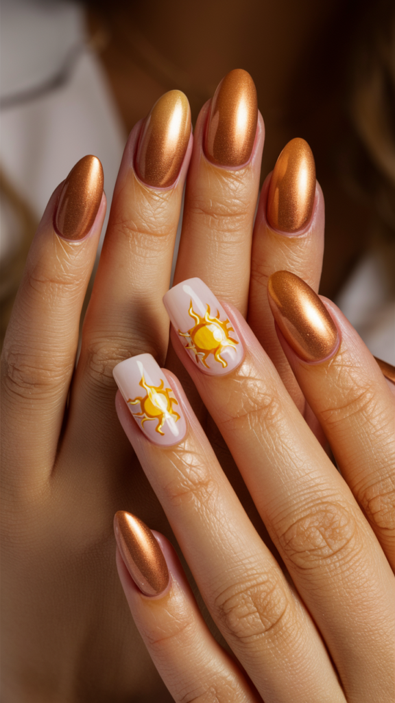 Nails with an ombre transition from warm golden bronze at the tips to soft peach at the base, capturing the essence of sun-kissed skin. A small, detailed sun is painted on an accent nail, with subtle rays extending outward. The nails have a sun-kissed shimmer that glows in the light, complemented by a glossy finish. This design is warm, radiant, and perfect for summer.