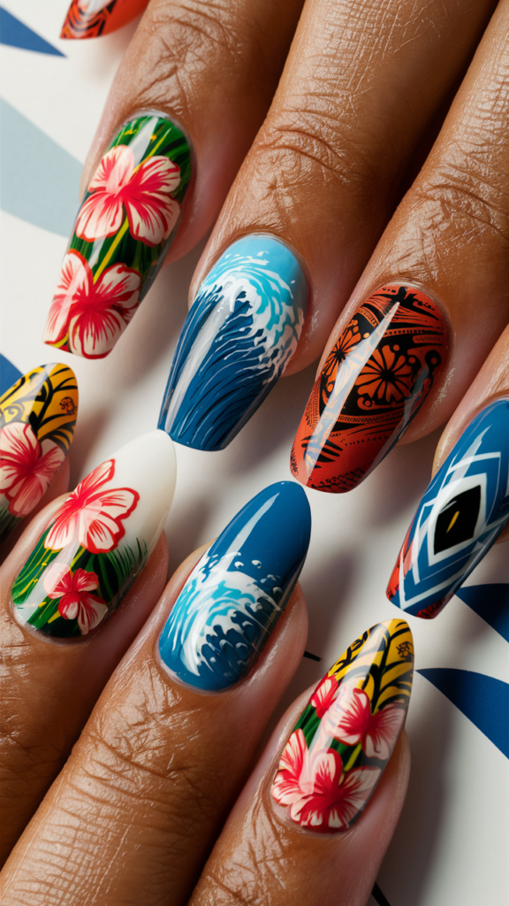 Nails featuring surfboard designs in bright, tropical colors, each with intricate patterns like hibiscus flowers, waves, and tribal designs. The surfboards are detailed and vibrant, with a glossy finish that enhances the polished, smooth effect. This design captures the fun and excitement of surfing, making it perfect for those who love beach culture.