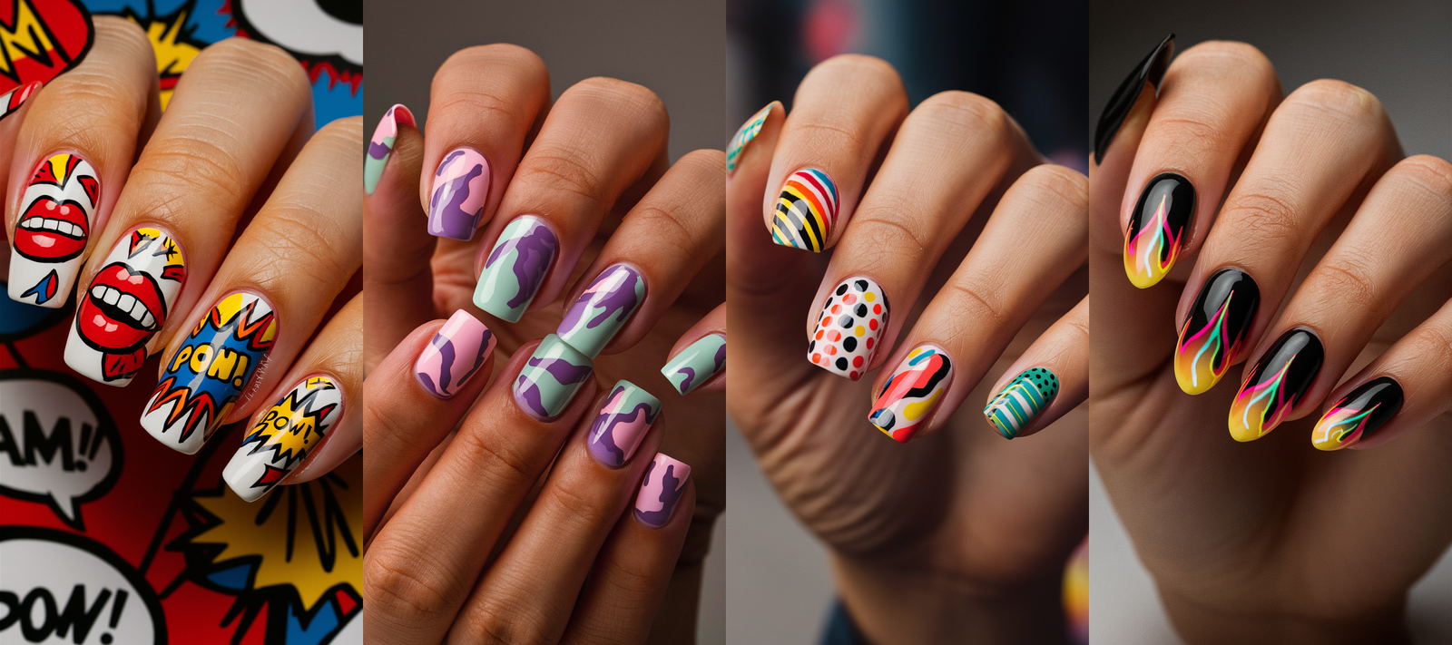 This image showcases four different street-style-inspired nail designs. The first set features bold pop art prints on a white base, including vibrant red lips and comic-style 'POW!' and 'BAM!' text bubbles, evoking a playful and energetic vibe. The second set displays a camouflage pattern in pastel pink, lavender, and mint green, offering a soft and modern take on the traditional camo print. The third set highlights a mix of mismatched patterns, including colorful stripes, dots, and abstract shapes, each nail featuring a unique design. The final set displays neon flames in bright yellow, orange, and pink on a matte black base, creating a striking and edgy contrast. Each design is distinct, showcasing creativity and boldness in street-style nail art