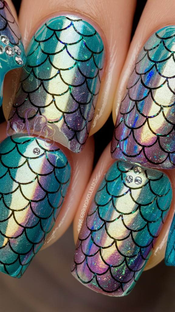 Nails featuring iridescent mermaid scales painted in shades of teal, purple, and silver, with a holographic effect that shifts with the light. Tiny rhinestones are placed at the center of some scales, adding extra sparkle and dimension. The nails have a smooth, glossy finish that enhances the shimmering, fantasy-inspired design, evoking the mystical allure of mermaids.