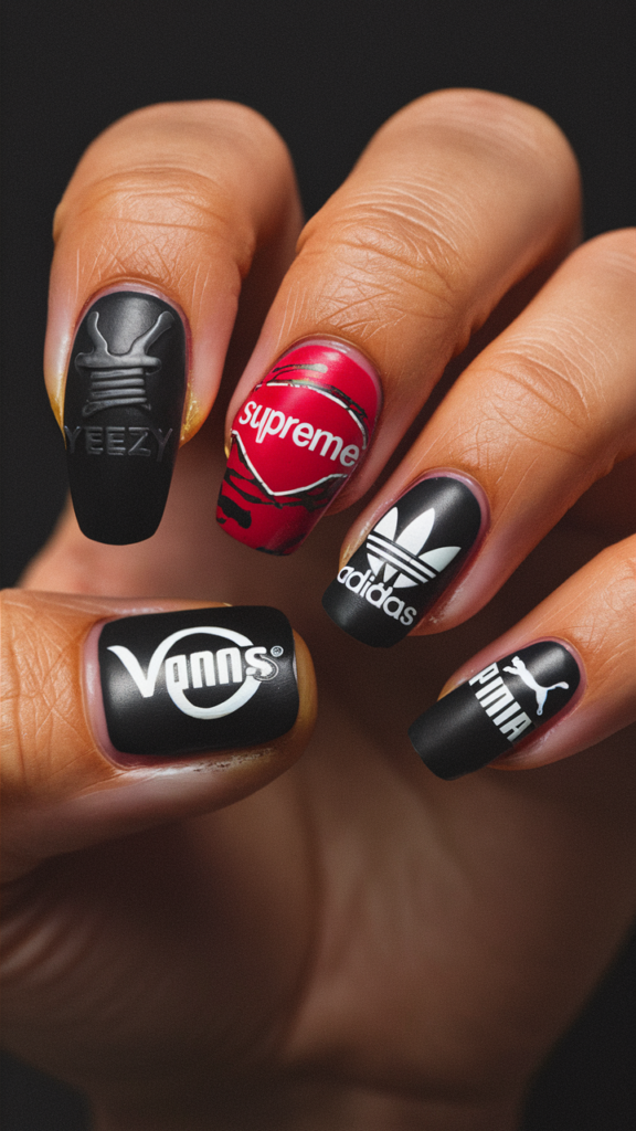 Image of nails with a matte black base showcasing small, detailed logos from popular streetwear brands like Supreme, Off-White, and Nike. Each nail features a different logo, varying in size and orientation, creating an eclectic yet cohesive design. The logos are meticulously painted, with sharp lines and clear branding that stands out against the dark background. This design embodies the logo mania trend in street fashion, highlighting the cultural significance of brand identity in the urban landscape.