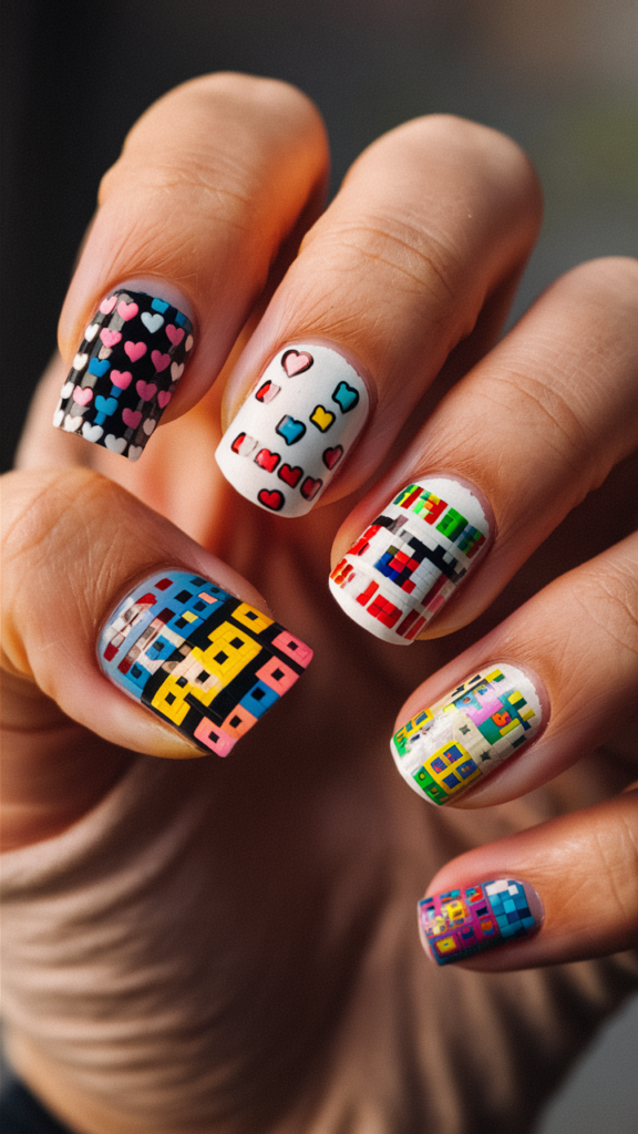 Image of nails with a white base featuring tiny, pixelated designs in bright colors like red, blue, and yellow. The designs include small hearts, stars, and retro gaming characters, all rendered in an 8-bit pixel art style. The colors are vibrant and the shapes are simple, capturing the nostalgic charm of retro video games. Each nail showcases a different pixelated motif, creating a playful and dynamic composition. This nail art is a fun and creative nod to the influence of gaming culture in street style.