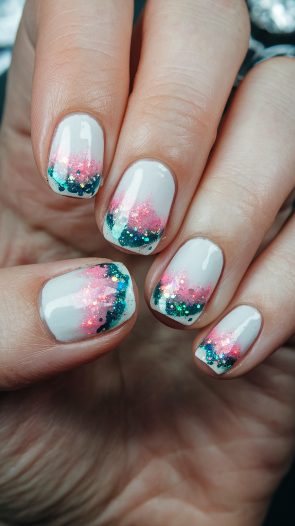 Luxurious nails covered in iridescent glitter, resembling crushed crystals.
