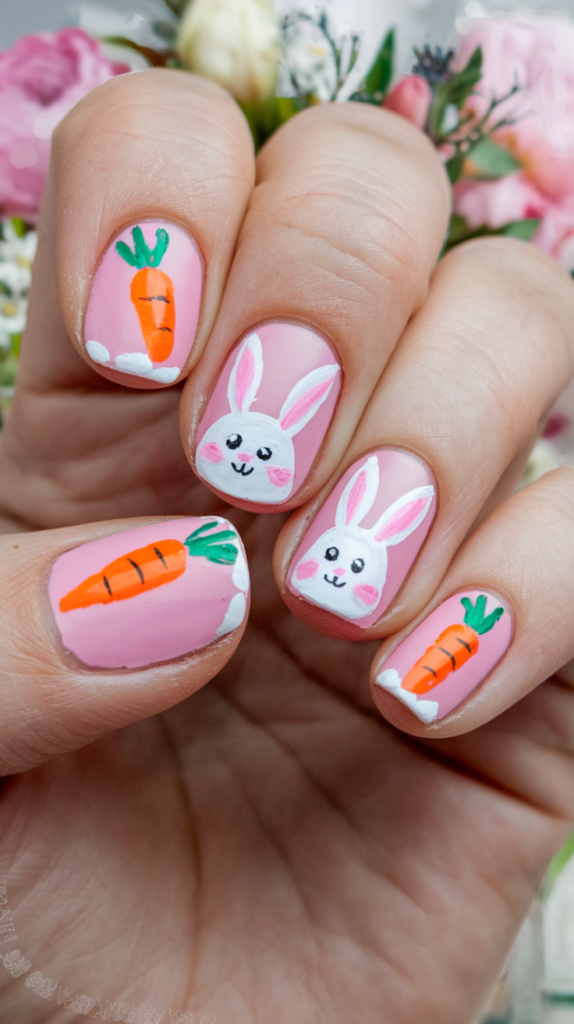 A classic Easter design featuring alternating bunny faces and carrots on pastel-colored nails.