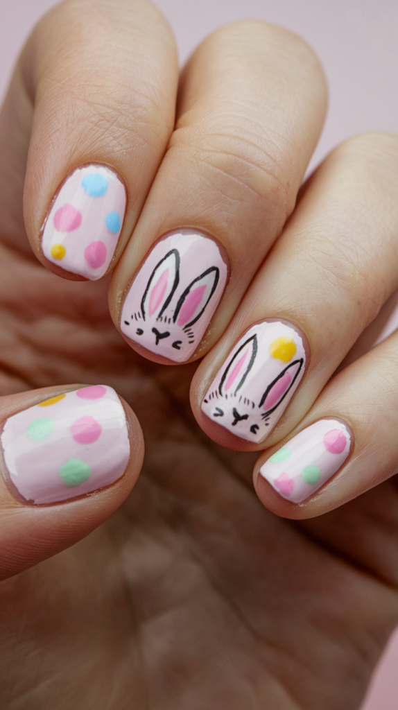 Nails with pastel polka dots and cute bunny ears peeking from the tips.

