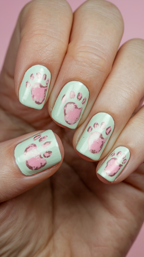 A cute design showing tiny bunny footprints leading across pastel-colored nails.

