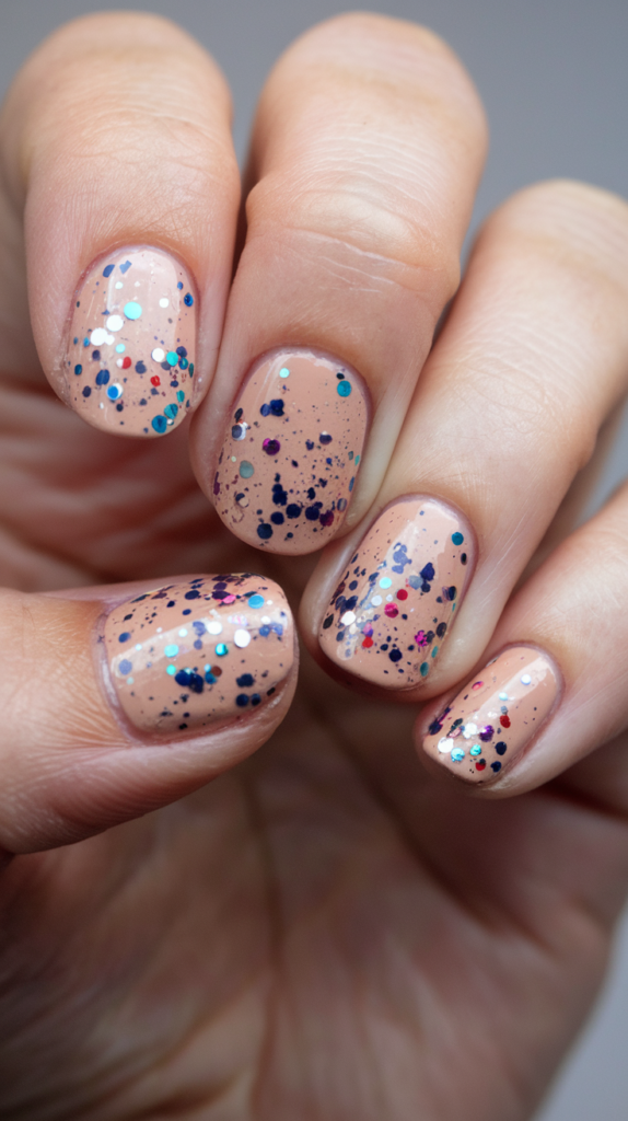 Multicolored glitter confetti scattered over a clear base for a playful look.
