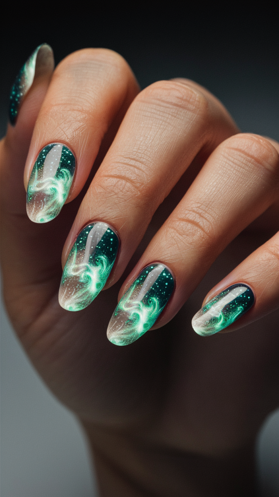 Image of nails with a matte black base featuring graffiti designs that glow in the dark. The designs include tags, arrows, and abstract shapes, painted in neon colors like pink, green, and blue. The glow-in-the-dark effect gives the nails a vibrant, street-inspired edge, with the graffiti elements lighting up against the dark background. Each nail showcases a different graffiti motif, creating a dynamic and electrifying composition. This nail art captures the rebellious and energetic spirit of graffiti culture, offering a bold and eye-catching design that comes to life in the dark.