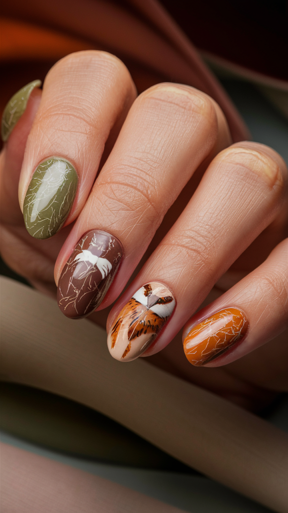 Earth-toned nails in moss green, chestnut brown, and dusty orange, featuring tiny, realistic woodland creatures on accent nails. The creatures, such as foxes or owls, are depicted with visible fur or feather textures, and expressive eyes that bring them to life. The earthy tones complement the nature-inspired theme, creating a whimsical and playful manicure that is perfect for fall.