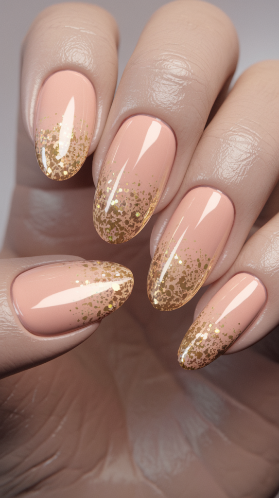 Gradient nails transitioning from a soft pink base to concentrated gold glitter at the tips.
