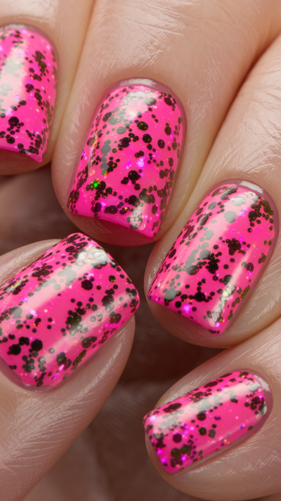 Bright neon nails with matching neon glitter for a bold and vibrant look.
