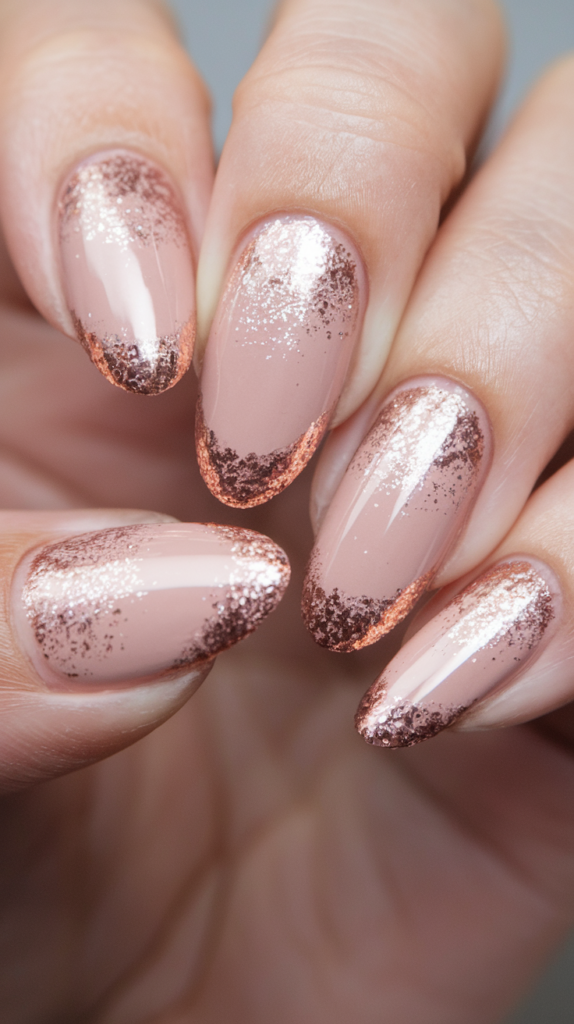 Close-up of nails with elegant rose gold glitter tips on a nude base