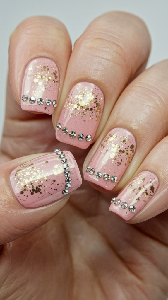 Glamorous nails with gold glitter and tiny rhinestone embellishments on a blush base.