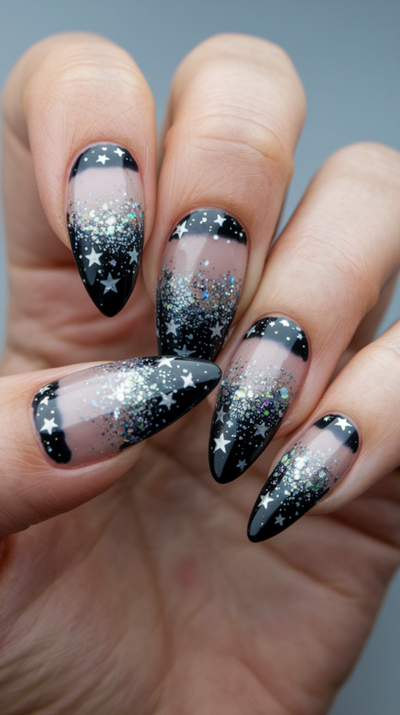 Dark navy nails with silver and holographic glitter resembling a starry night sky.
