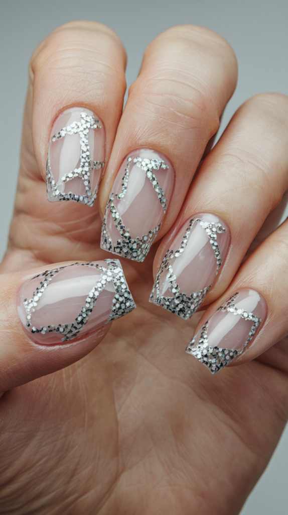 Modern nails featuring negative space designs with silver glitter accents