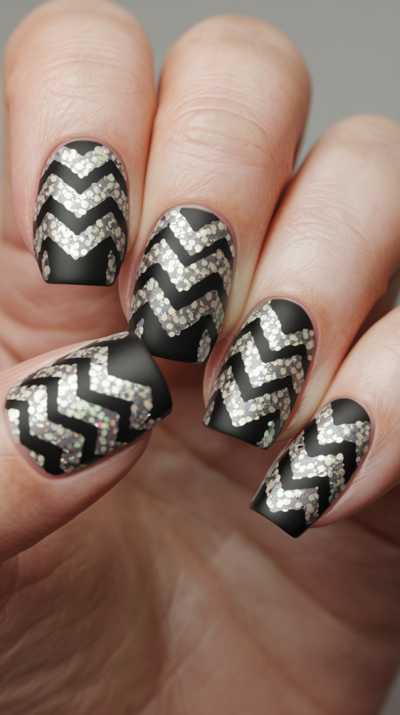 Bold chevron pattern in silver glitter over a dark navy base, with sharp, geometric lines