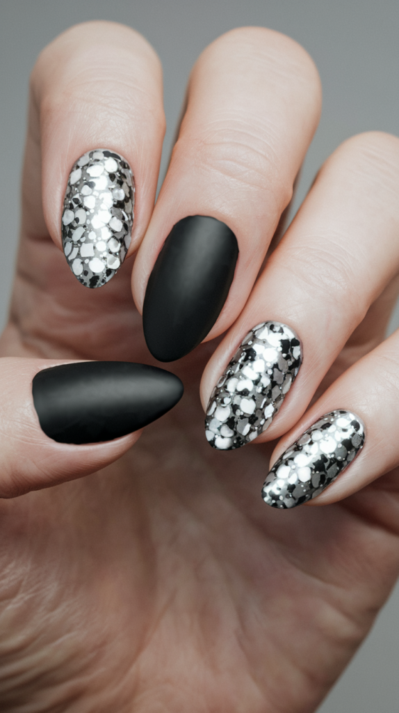 Combination of matte black nails with a single gold glitter accent nail.
