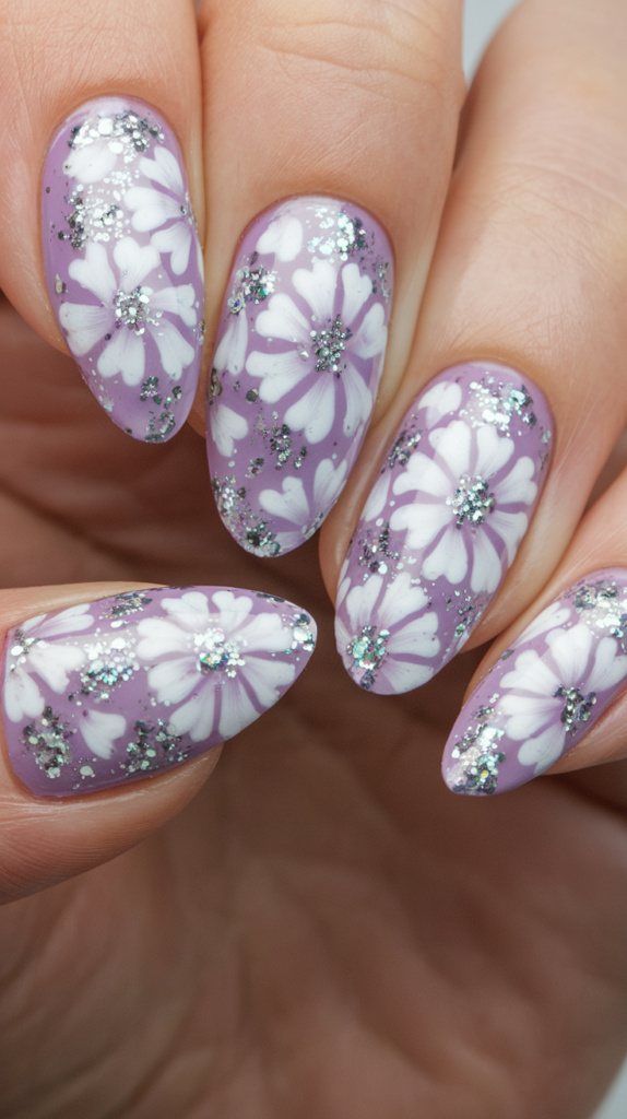 Soft pink nails with floral designs highlighted by delicate gold glitter accents.
