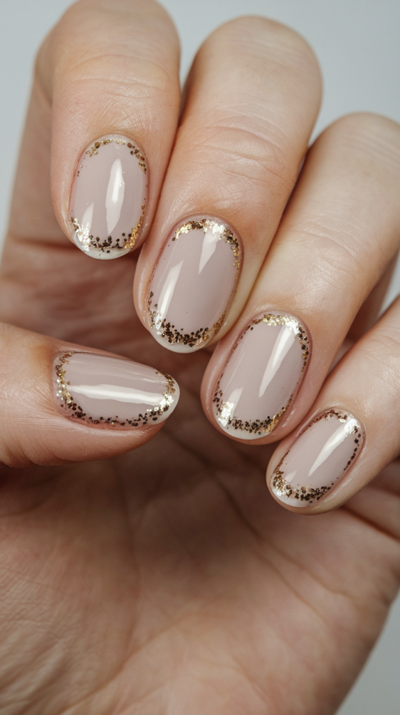 Minimalist nails with gold glitter applied delicately around the cuticles on a nude base.
