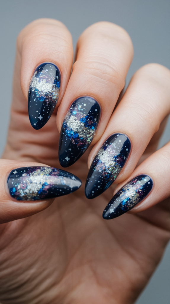 Cosmic-themed nails with a galaxy pattern of dark blue, purple, and silver glitter.
