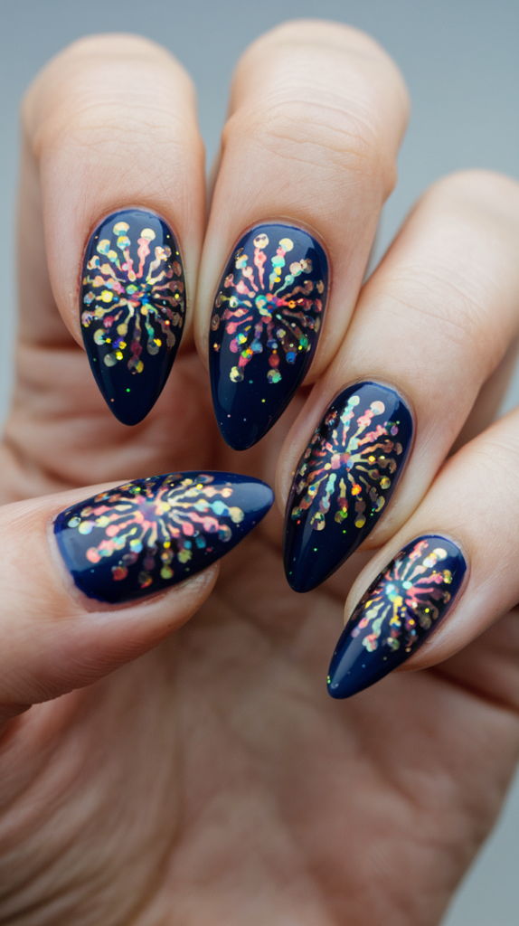 Dark nails with multicolored glitter bursts resembling fireworks against a night sky.
