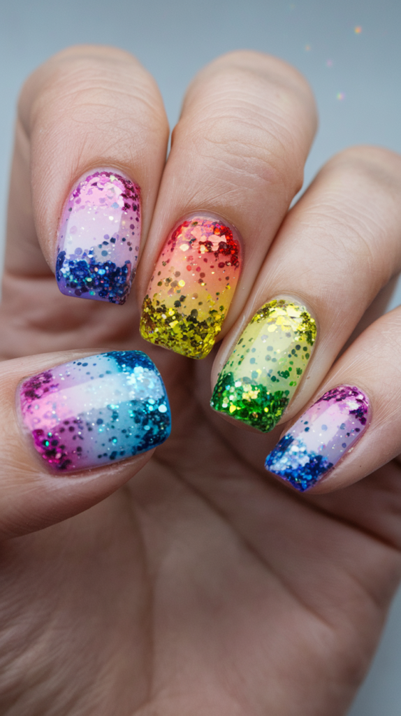 Vibrant nails featuring a rainbow of glitter colors across each nail.
